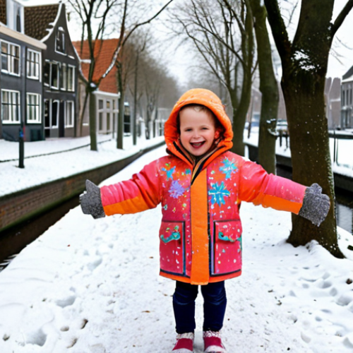 Home 23 **
A young child playing happily in the snow, wearing a brightly colored winter jacket with reflective details. Snowflakes are falling, and the background shows a typical Dutch winter landscape with bare trees and perhaps a canal. The jacket should look waterproof and warm.
**
