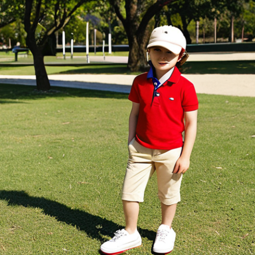 Home 22 **
A young child (around 6 years old) wearing beige Beanpole Kids chinos, a bright red Tommy Hilfiger Kids polo shirt, and white sneakers. They are standing in a park on a sunny day, holding a small blue Tommy Hilfiger Kids baseball cap. The overall style is "casual chic."
**