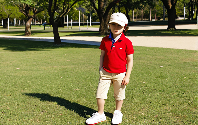**
A young child (around 6 years old) wearing beige Beanpole Kids chinos, a bright red Tommy Hilfiger Kids polo shirt, and white sneakers. They are standing in a park on a sunny day, holding a small blue Tommy Hilfiger Kids baseball cap. The overall style is "casual chic."
**