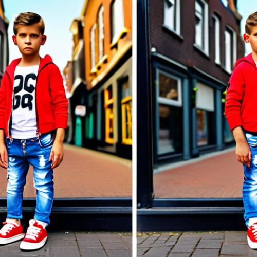 Home 21 **
A cool, trendy child wearing a Dsquared2 Kids outfit. Focus on bold prints and logos, maybe a T-shirt with a cartoon bear, ripped jeans, and stylish sneakers. The background could be a vibrant, urban street scene in Amsterdam or Rotterdam.
**