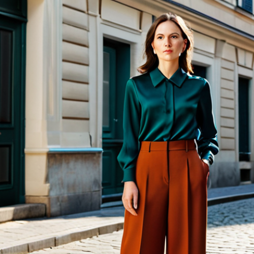 Home 9 A confident woman in her 30s, dressed in a timeless, elegant outfit consisting of a high-quality, modest silk blouse and well-tailored trousers. She stands in a sunlit, European urban setting, perhaps a sophisticated street with historical architecture in the background. The pose is natural and graceful, reflecting personal style evolution and thoughtful fashion choices. Perfect anatomy, correct proportions, natural body proportions, well-formed hands, proper finger count. Fully clothed, modest clothing, appropriate attire, professional dress, safe for work, appropriate content, family-friendly, professional photography, sharp focus, cinematic lighting, ultra-detailed.