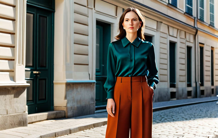 A confident woman in her 30s, dressed in a timeless, elegant outfit consisting of a high-quality, modest silk blouse and well-tailored trousers. She stands in a sunlit, European urban setting, perhaps a sophisticated street with historical architecture in the background. The pose is natural and graceful, reflecting personal style evolution and thoughtful fashion choices. Perfect anatomy, correct proportions, natural body proportions, well-formed hands, proper finger count. Fully clothed, modest clothing, appropriate attire, professional dress, safe for work, appropriate content, family-friendly, professional photography, sharp focus, cinematic lighting, ultra-detailed.